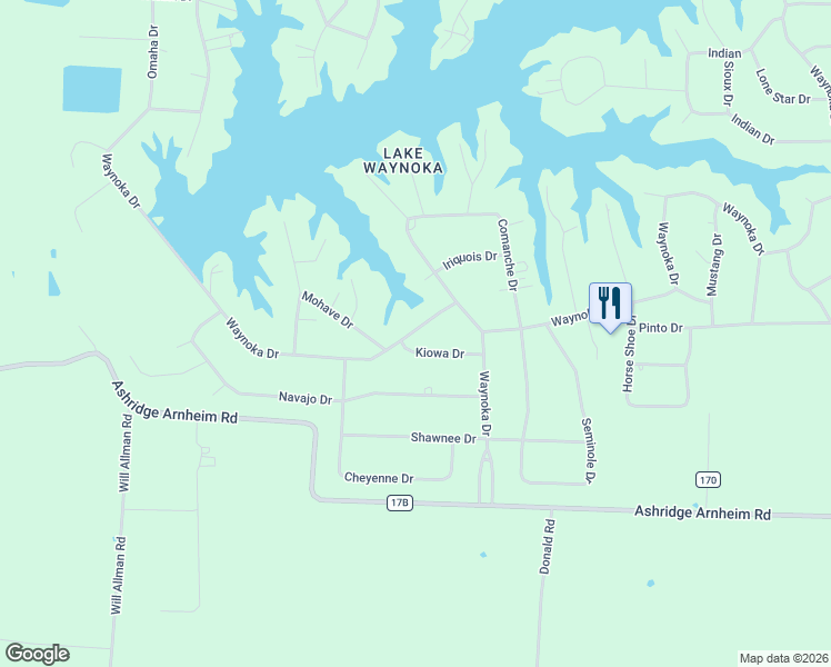 map of restaurants, bars, coffee shops, grocery stores, and more near 44 Waynoka Drive in Brown County