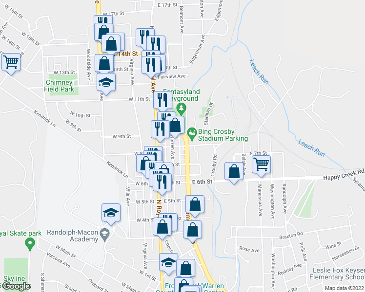 map of restaurants, bars, coffee shops, grocery stores, and more near 122 East 8th Street in Front Royal