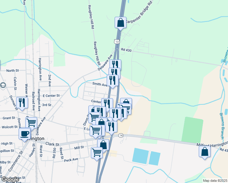 map of restaurants, bars, coffee shops, grocery stores, and more near 515 Smith Avenue in Harrington