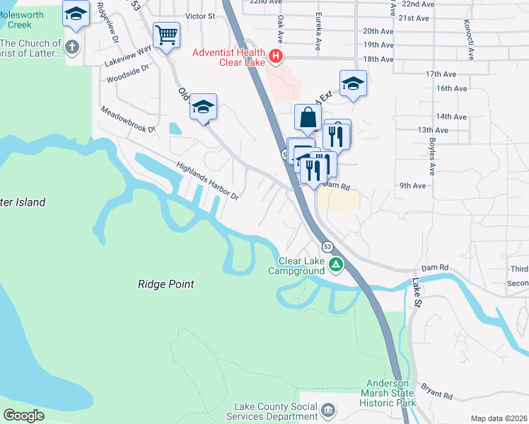 map of restaurants, bars, coffee shops, grocery stores, and more near 7365 Old Highway 53 in Clearlake
