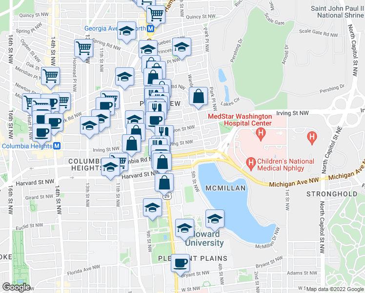 map of restaurants, bars, coffee shops, grocery stores, and more near 610 Irving Street Northwest in Washington