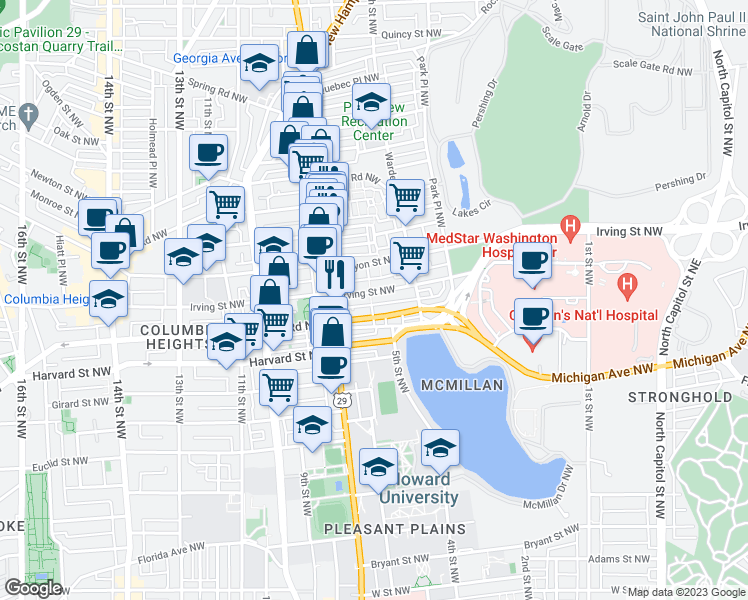 map of restaurants, bars, coffee shops, grocery stores, and more near 610 Irving Street Northwest in Washington