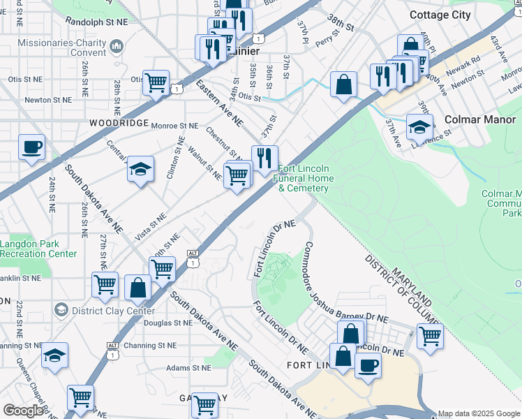 map of restaurants, bars, coffee shops, grocery stores, and more near 3005 Bladensburg Road Northeast in Washington