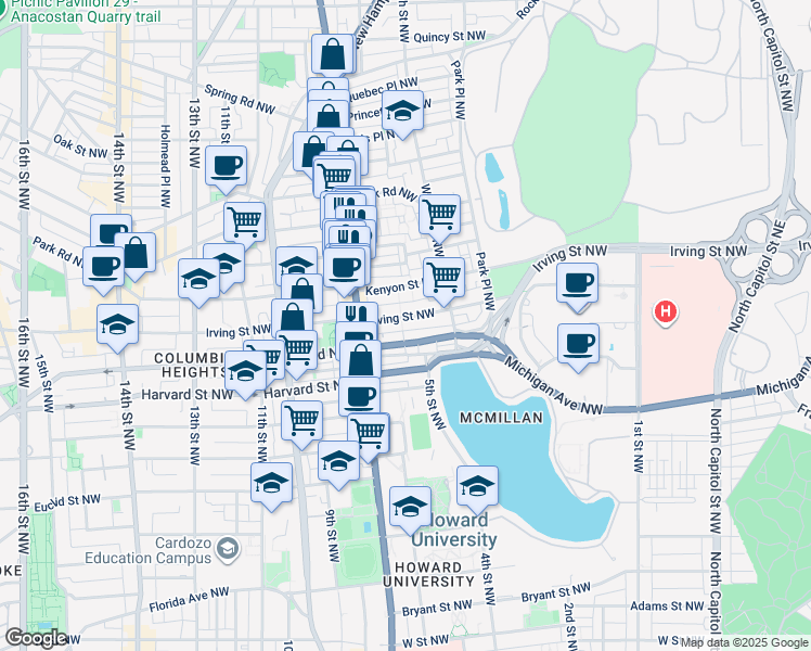 map of restaurants, bars, coffee shops, grocery stores, and more near 610 Irving Street Northwest in Washington