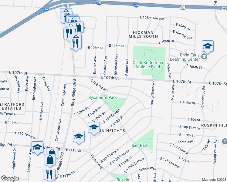 map of restaurants, bars, coffee shops, grocery stores, and more near 7506 East 108th Street in Kansas City
