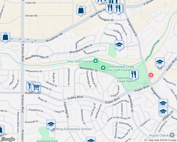 map of restaurants, bars, coffee shops, grocery stores, and more near 6685 Stonehedge Drive in Colorado Springs