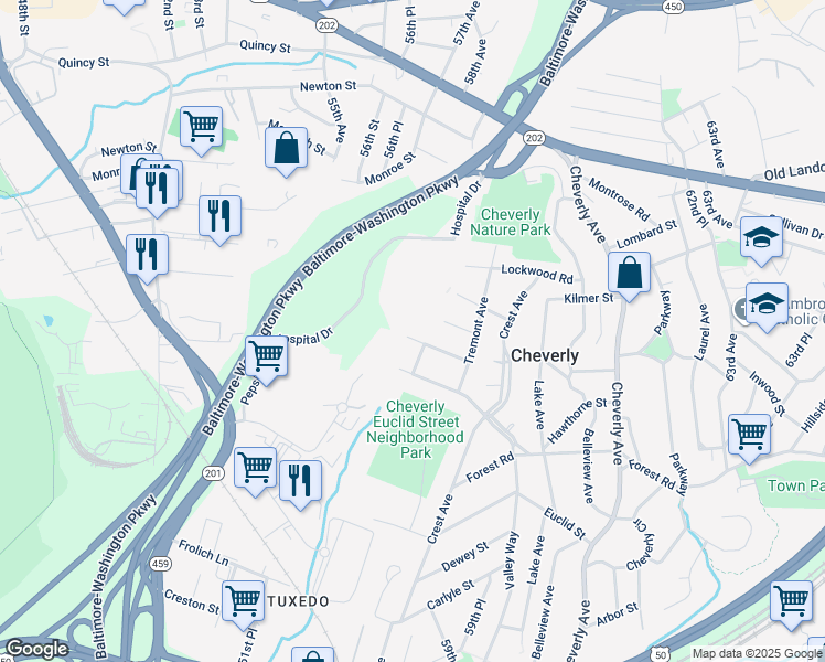map of restaurants, bars, coffee shops, grocery stores, and more near 5602 Hawthorne Street in Cheverly