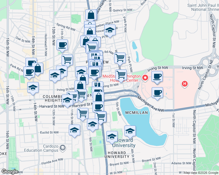 map of restaurants, bars, coffee shops, grocery stores, and more near 616 Irving Street Northwest in Washington