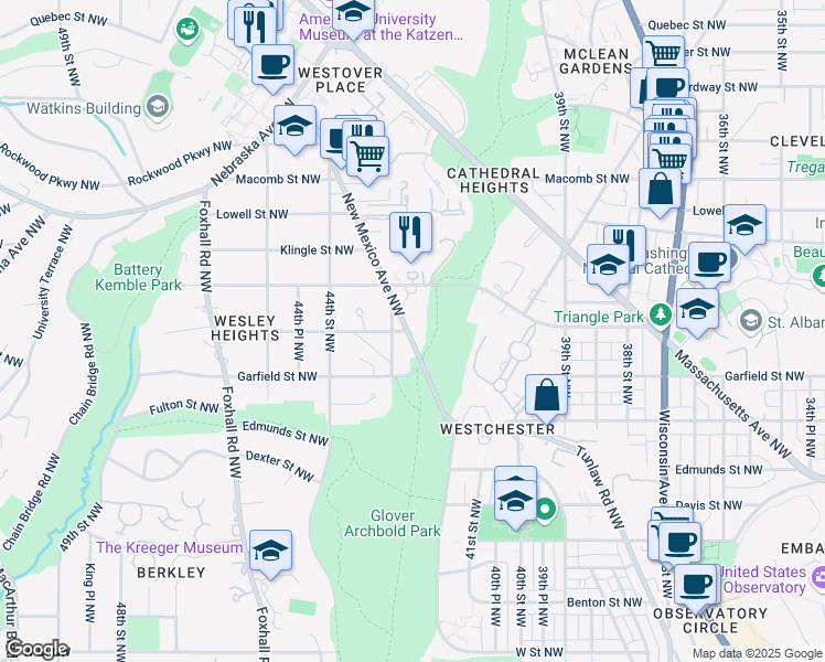 map of restaurants, bars, coffee shops, grocery stores, and more near 3033 New Mexico Avenue Northwest in Washington