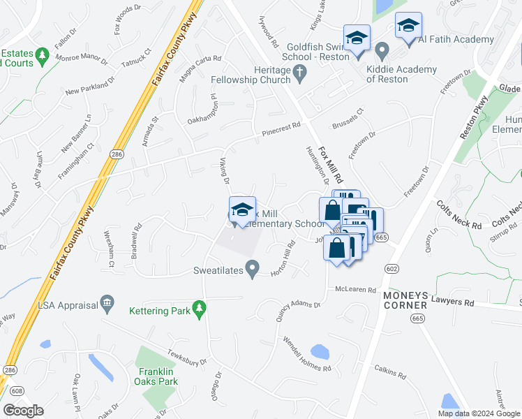 map of restaurants, bars, coffee shops, grocery stores, and more near 2621 John Milton Drive in Herndon