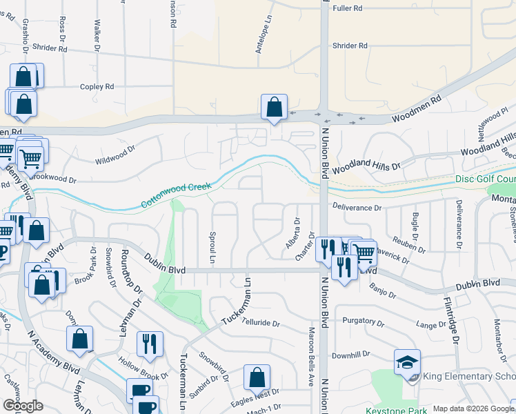 map of restaurants, bars, coffee shops, grocery stores, and more near 2587 Integrity Court in Colorado Springs