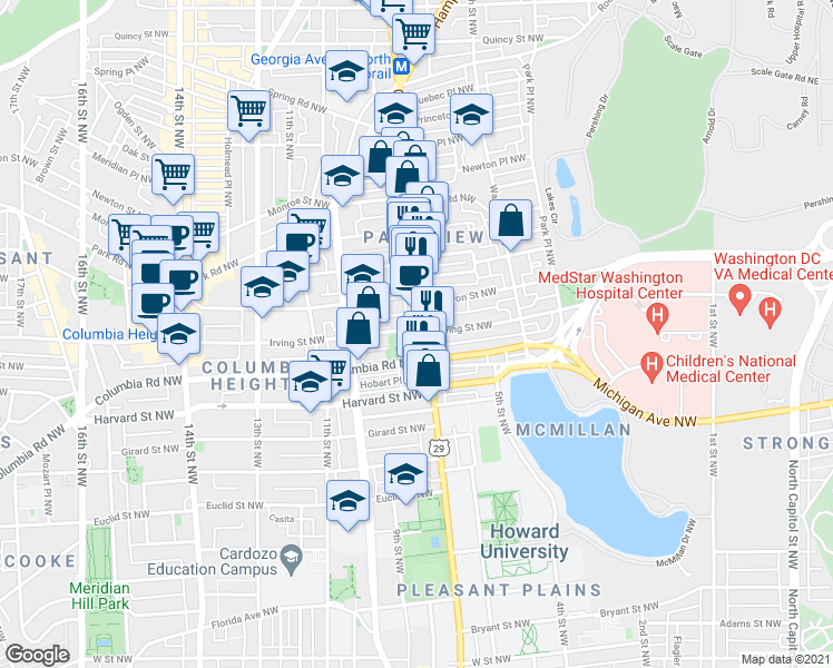 map of restaurants, bars, coffee shops, grocery stores, and more near 101 Independence Avenue Southeast in Washington