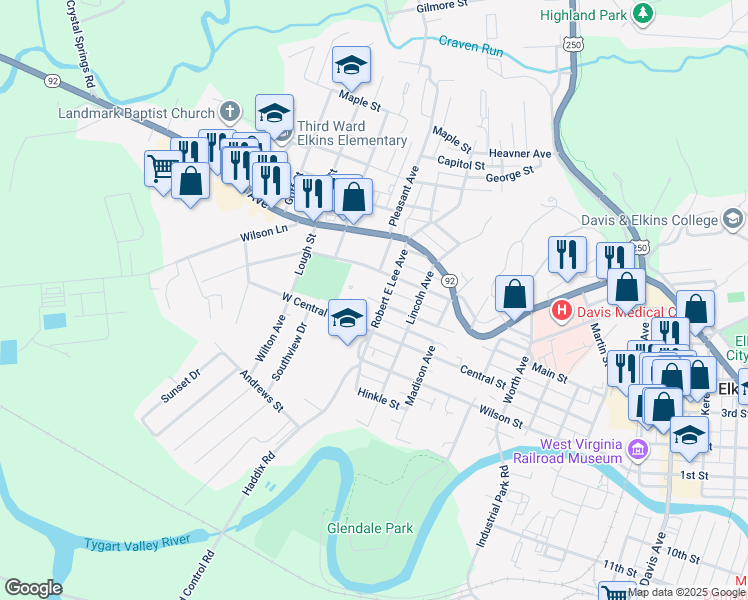 map of restaurants, bars, coffee shops, grocery stores, and more near 712 West Main Street in Elkins