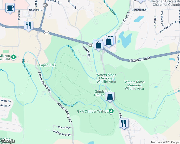 map of restaurants, bars, coffee shops, grocery stores, and more near 1712 Canyon Dr in Columbia