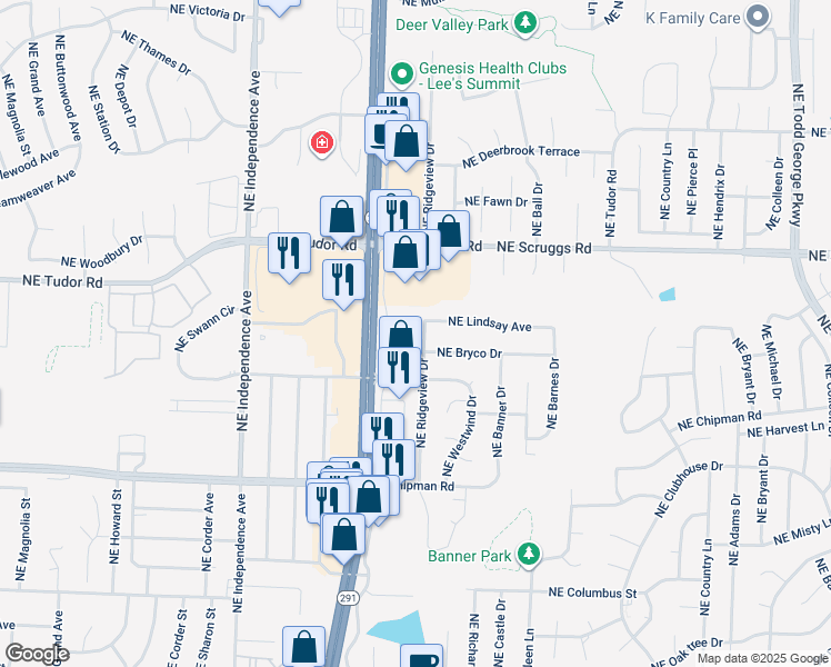 map of restaurants, bars, coffee shops, grocery stores, and more near 921 Northeast Rice Road in Lee's Summit