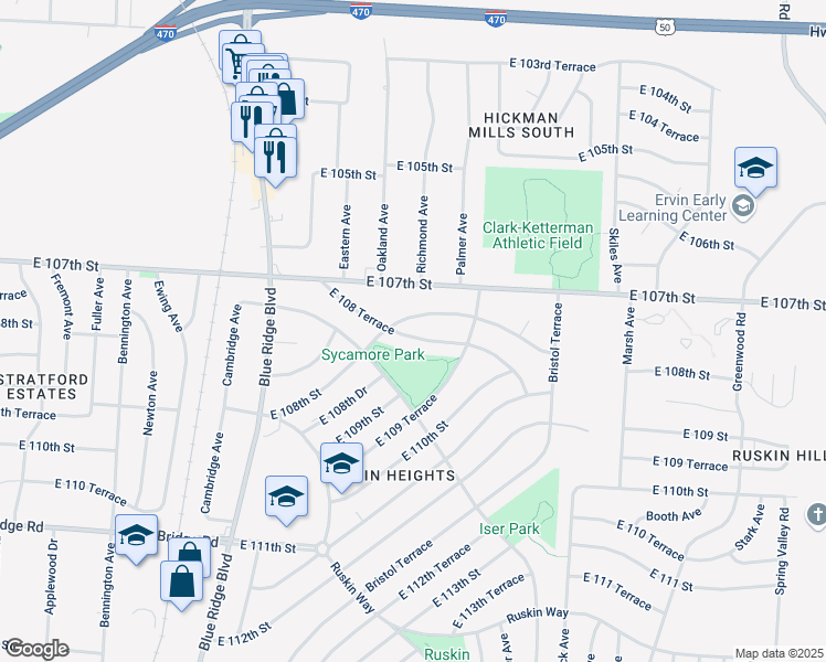 map of restaurants, bars, coffee shops, grocery stores, and more near 7506 East 108th Street in Kansas City