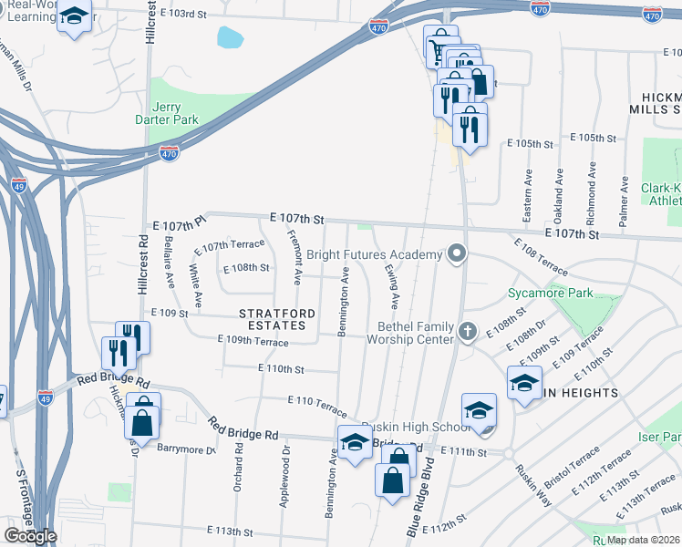 map of restaurants, bars, coffee shops, grocery stores, and more near 10712 Bennington Avenue in Kansas City