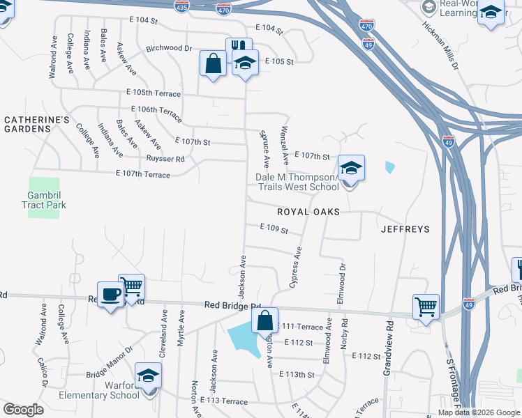 map of restaurants, bars, coffee shops, grocery stores, and more near 4210 Grandview Road in Kansas City
