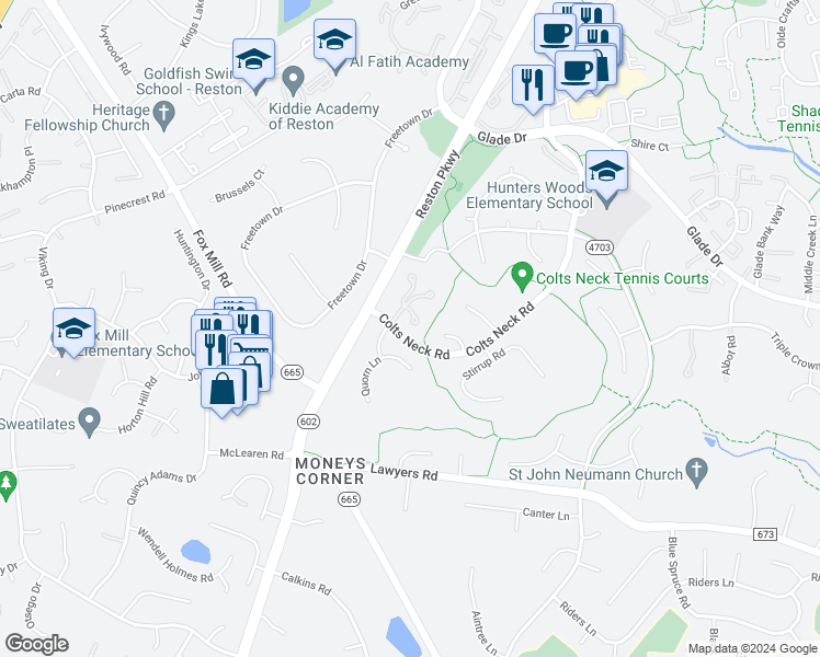 map of restaurants, bars, coffee shops, grocery stores, and more near 12136 Quorn Lane in Reston