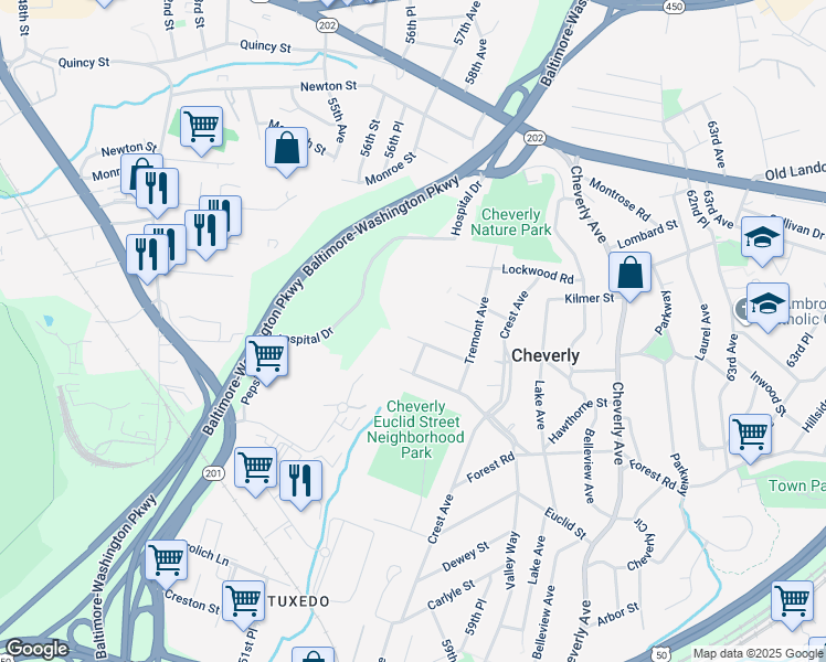 map of restaurants, bars, coffee shops, grocery stores, and more near 5602 Hawthorne Street in Cheverly