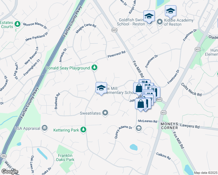map of restaurants, bars, coffee shops, grocery stores, and more near 2621 John Milton Drive in Herndon