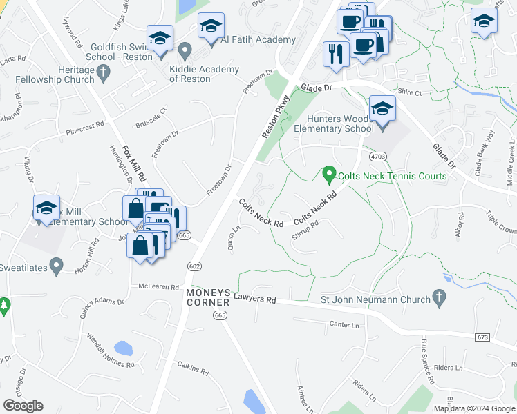 map of restaurants, bars, coffee shops, grocery stores, and more near 12136 Quorn Lane in Reston