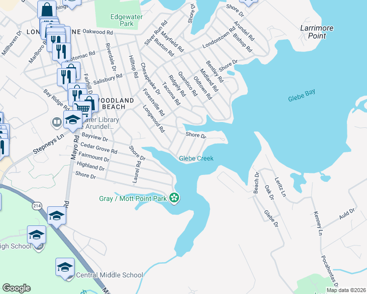 map of restaurants, bars, coffee shops, grocery stores, and more near 1813 Keymar Road in Edgewater