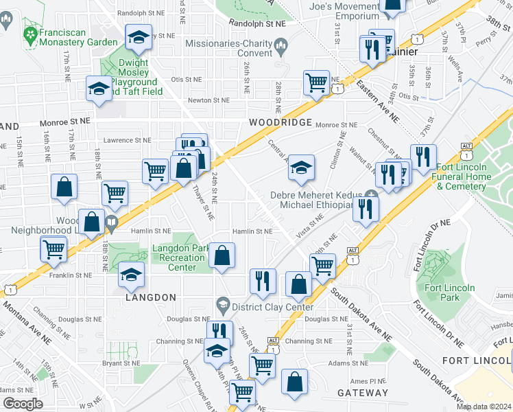 map of restaurants, bars, coffee shops, grocery stores, and more near 3040 South Dakota Avenue Northeast in Washington