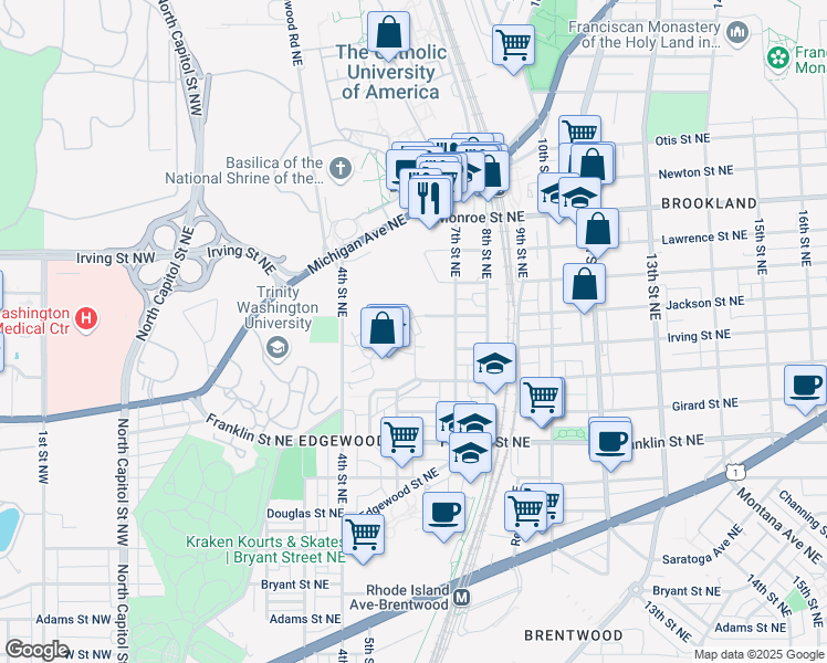 map of restaurants, bars, coffee shops, grocery stores, and more near 3104 Chancellor's Way Northeast in Washington