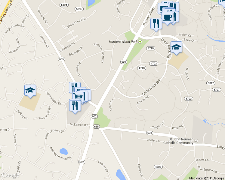 map of restaurants, bars, coffee shops, grocery stores, and more near 12212 Quorn Lane in Reston