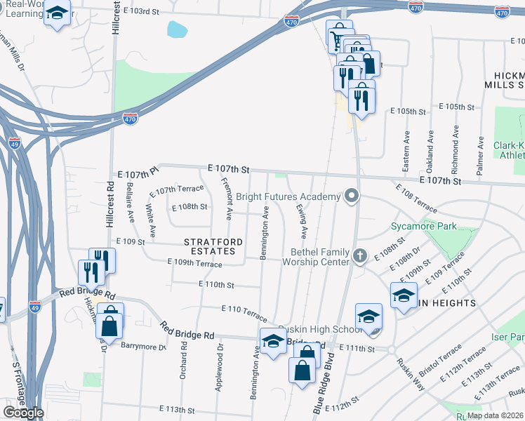 map of restaurants, bars, coffee shops, grocery stores, and more near 10712 Bennington Avenue in Kansas City