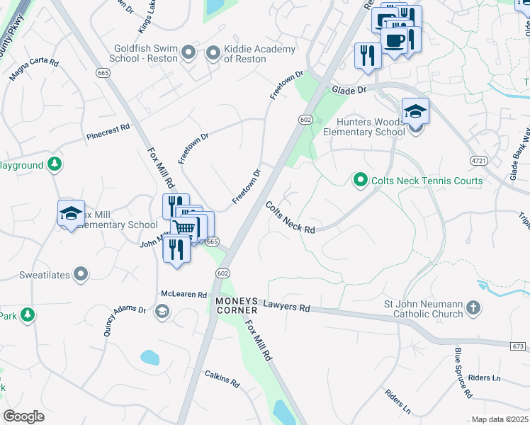 map of restaurants, bars, coffee shops, grocery stores, and more near 12212 Quorn Lane in Reston