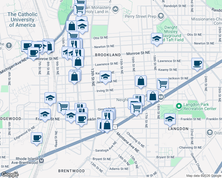map of restaurants, bars, coffee shops, grocery stores, and more near 1400 Irving Street Northeast in Washington