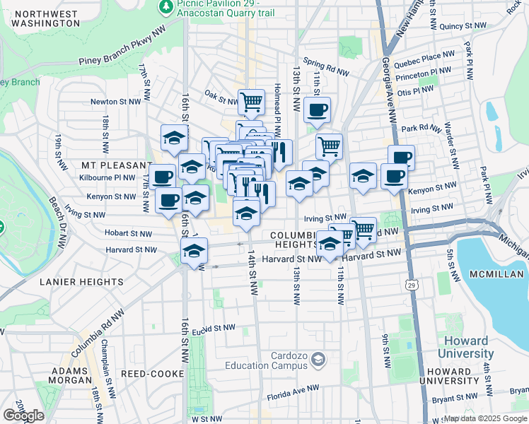 map of restaurants, bars, coffee shops, grocery stores, and more near 1361 Irving Street Northwest in Washington