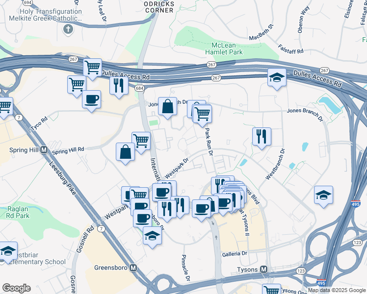 map of restaurants, bars, coffee shops, grocery stores, and more near 8230 Westpark Drive in McLean