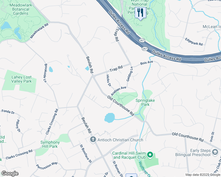 map of restaurants, bars, coffee shops, grocery stores, and more near 1712 Hicks Drive in Vienna