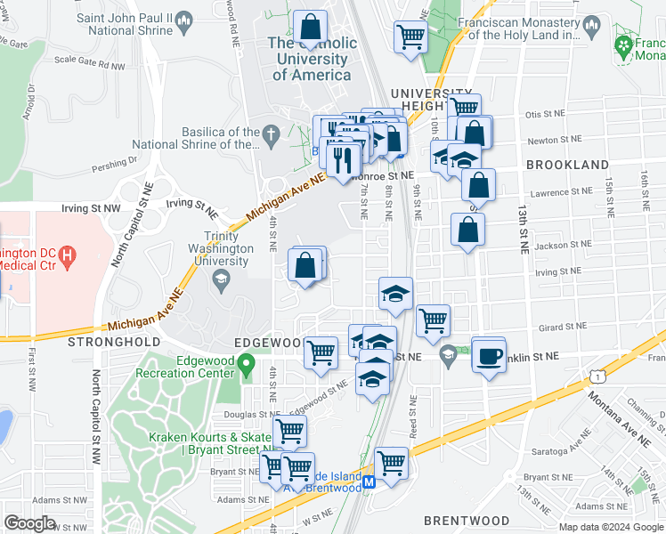 map of restaurants, bars, coffee shops, grocery stores, and more near 3103 Chancellor's Way Northeast in Washington