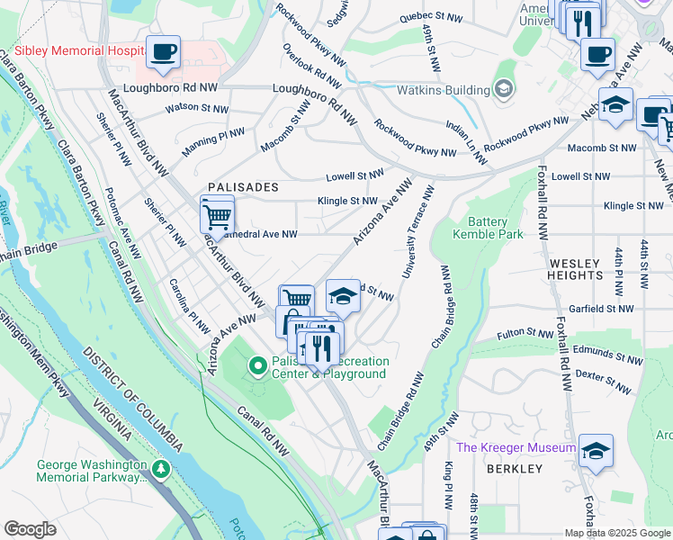 map of restaurants, bars, coffee shops, grocery stores, and more near 2905 Arizona Avenue Northwest in Washington