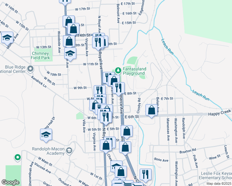 map of restaurants, bars, coffee shops, grocery stores, and more near 112 East 8th Street in Front Royal