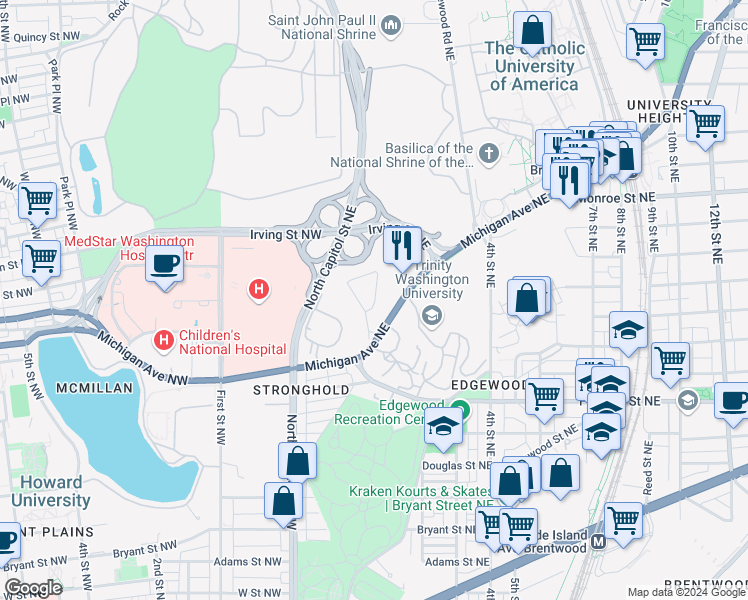 map of restaurants, bars, coffee shops, grocery stores, and more near 140 Michigan Avenue Northeast in Washington