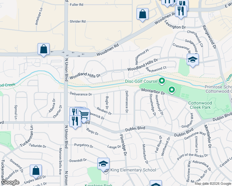 map of restaurants, bars, coffee shops, grocery stores, and more near 2988 Deliverance Drive in Colorado Springs