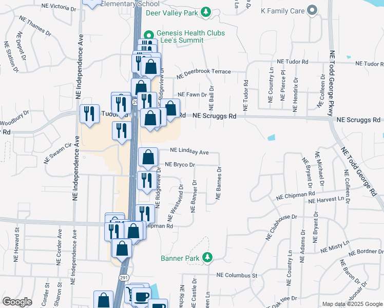 map of restaurants, bars, coffee shops, grocery stores, and more near 1116 Northeast Lindsay Avenue in Lee's Summit