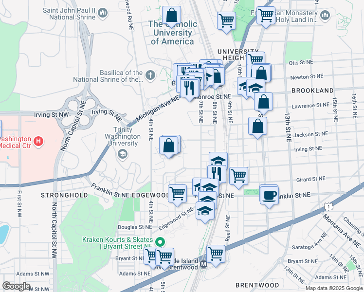 map of restaurants, bars, coffee shops, grocery stores, and more near 3112 Chancellor's Way Northeast in Washington