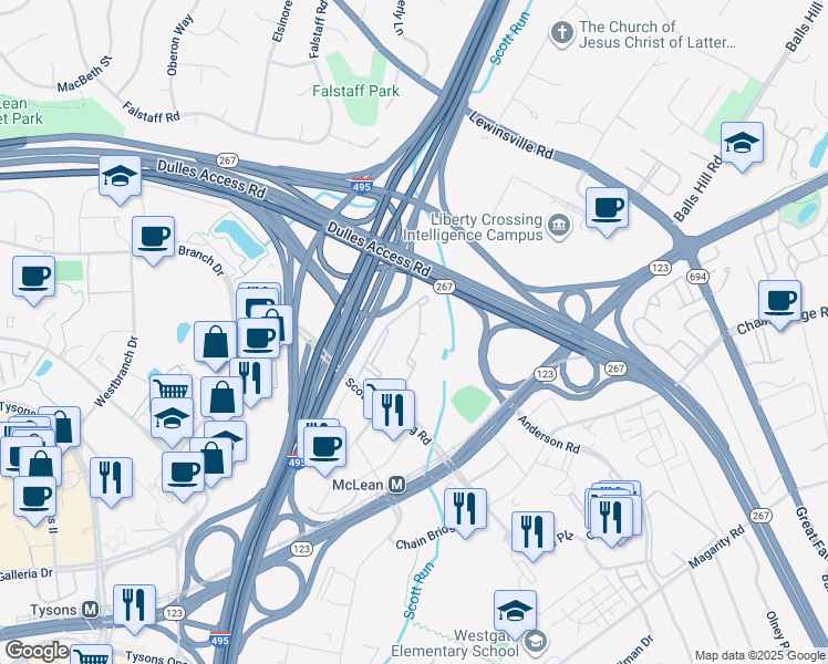 map of restaurants, bars, coffee shops, grocery stores, and more near 1570 Spring Gate Drive in McLean