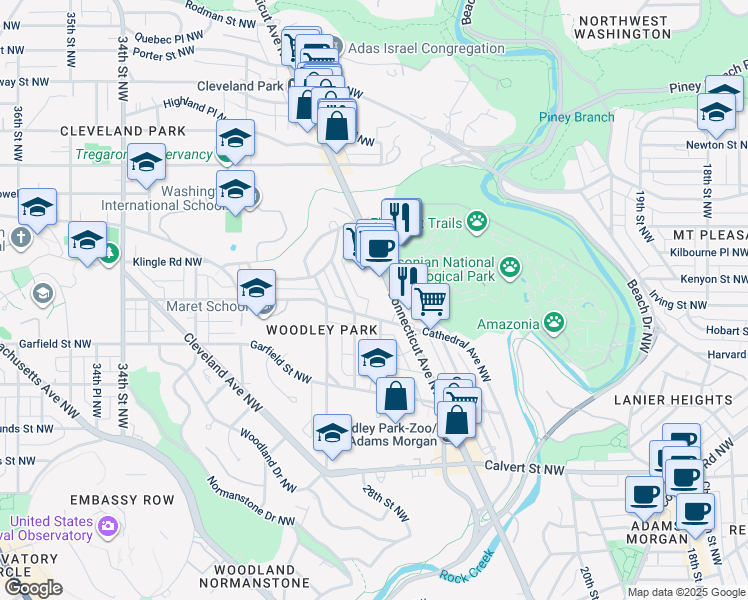 map of restaurants, bars, coffee shops, grocery stores, and more near 2900 Connecticut Avenue Northwest in Washington