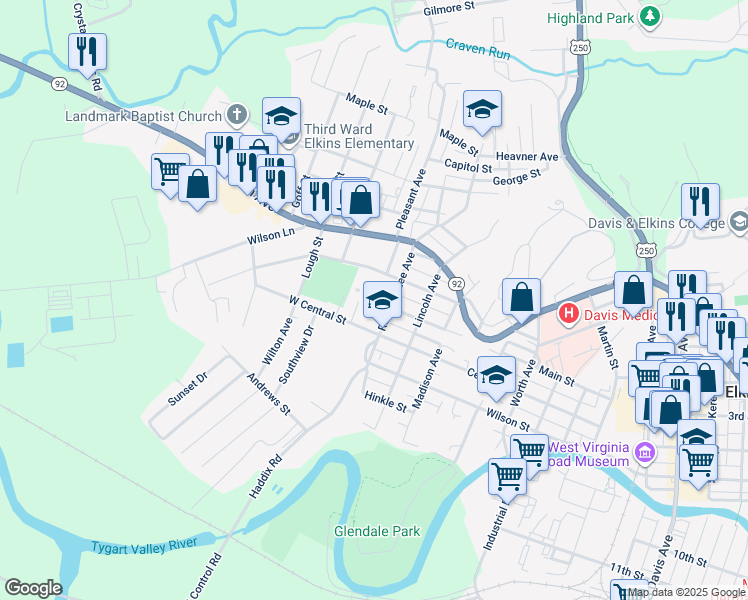 map of restaurants, bars, coffee shops, grocery stores, and more near 712 West Main Street in Elkins