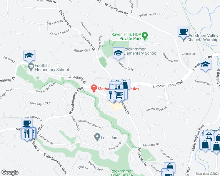 map of restaurants, bars, coffee shops, grocery stores, and more near 234 West Rockrimmon Boulevard in Colorado Springs