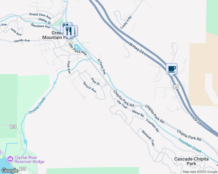 map of restaurants, bars, coffee shops, grocery stores, and more near 10210 Ute Pass Avenue in Green Mountain Falls