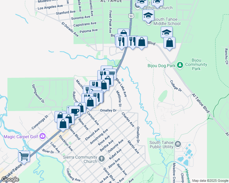 map of restaurants, bars, coffee shops, grocery stores, and more near 1032 Blue Lake Avenue in South Lake Tahoe