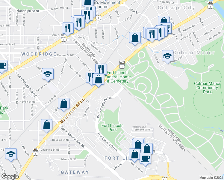 map of restaurants, bars, coffee shops, grocery stores, and more near 101 Independence Avenue Southeast in Washington